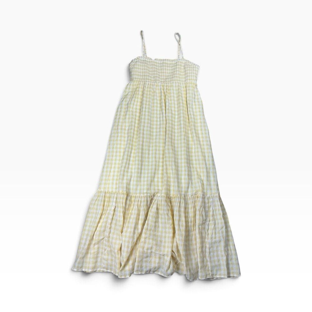 American Eagle NWT Yellow White Gingham Smocked Square Neck Midi Dress Size L